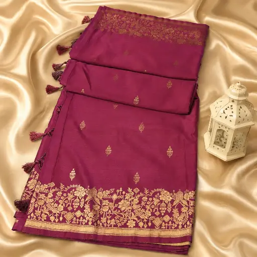 [74809001FQ18E0] Wine Magenta Silk Saree with Gold Zari Floral Border & Tassels