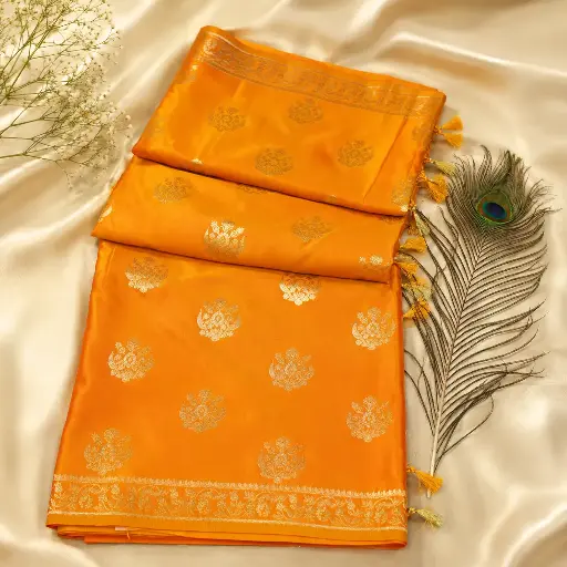 [75209001EF29E5] Orange Silk Saree with Silver Zari Motifs, Tassel Edge & Woven Border