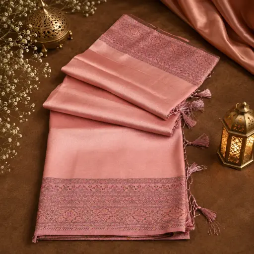 [75209001EL71E7] Elegant Peach Pink Banarasi Silk Saree with Designer Border & Tassels