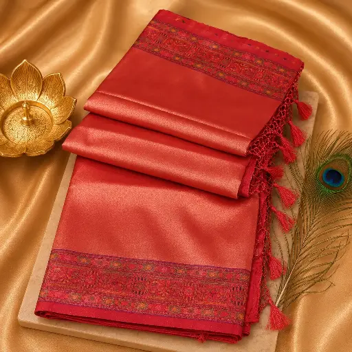 [75209001EO88E7] Elegant Coral Pink Silk Saree with Traditional Woven Border & Tassel Pallu