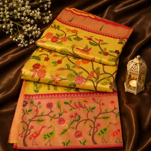 [75209001HL46E6] Elegant Mustard Yellow Paithani Style Silk Saree with Bird & Floral Design