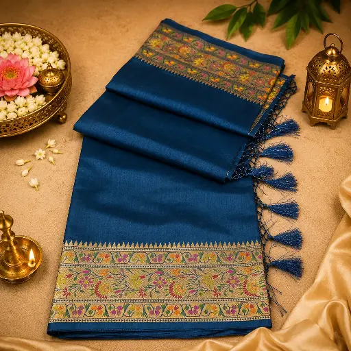 [75209001IT91E6] Teal Blue Silk Saree with Floral Zari Border