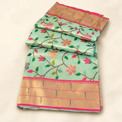 [75209001TF59E6] Aqua Green Banarasi Style Saree with Multicolor Floral Vine
