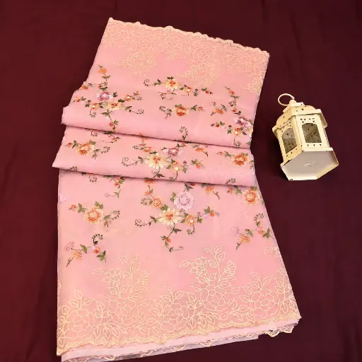 [75709001EG25E3] Baby Pink Embroidered Saree with Floral Work, Lace Border