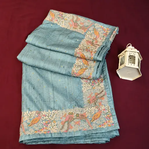 [92117001FR47E1] Sky Blue Silk Blend Saree with Floral Bird Embroidery Border