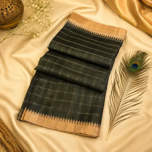 [92117001FR48E1] Charcoal Grey Kanjivaram Silk Saree with Beige Zari Border