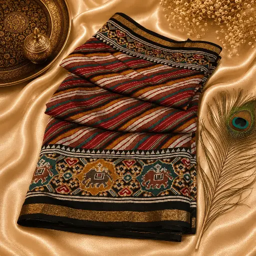 [41017001FR03E0] Elegant Multicolor Printed Cotton Saree with Tribal Elephant Border & Traditional Ethnic Wear