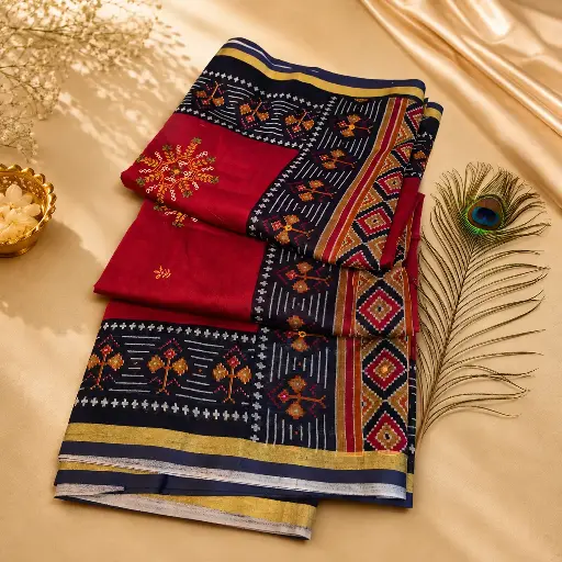 [41017001FR07E0] Elegant Maroon Cotton Saree with Traditional Woven Border & Embroidered