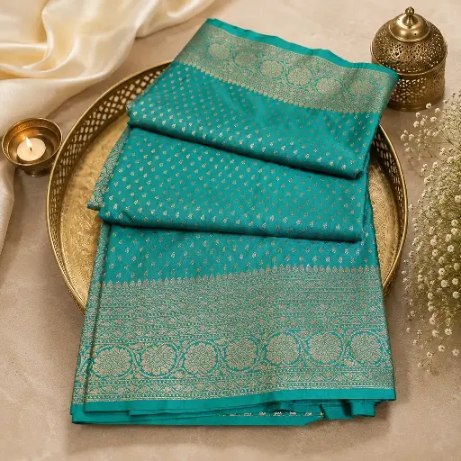 [94809001EJ39E5] Elegant Teal Blue Banarasi Silk Saree with Gold Buttis & Rich Zari Border