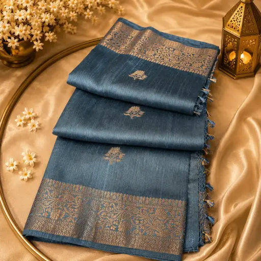 [94809001EJ40E5] Steel Blue Banarasi Silk Blend Saree with Gold Zari Floral Border & Elegant Traditional Weave 