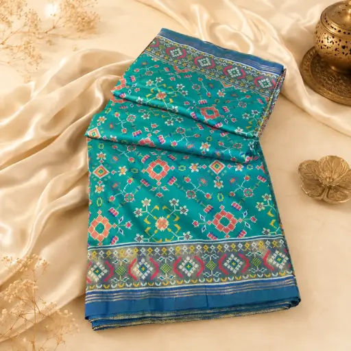 [61909001YT06E7] Teal Patola Style Saree with Golden Zari Border, Festive Silk Blend Wedding Party Wear for Women New 