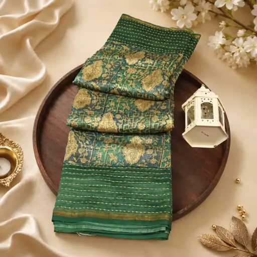 [01409001GD46C8] Teal Green Silk Blend Saree with Gold Floral Print & Striped Border