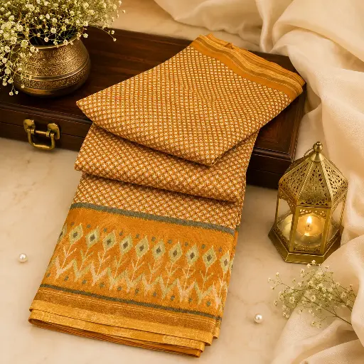 [01409001GD47C8] Mustard Orange Printed Silk Blend Saree with Ikat Inspired Border