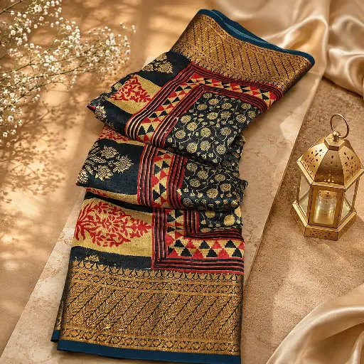 [01409001JR04C8] Navy Blue Silk Blend Saree with Gold Zari Border & Traditional Floral Prints
