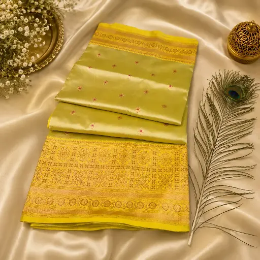[73809001HE49B7] Elegant Pistachio Green Banarasi Silk Saree with Yellow Zari Border