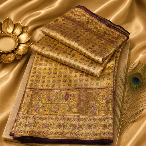[73317001HR32C0] Premium Golden Tissue Banarasi Silk Saree with Multicolor Floral & Bird Weaving
