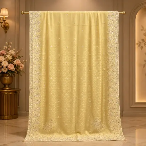 [90517001FW32E1] Butter Yellow Woven Dupatta with Silver Paisley Border