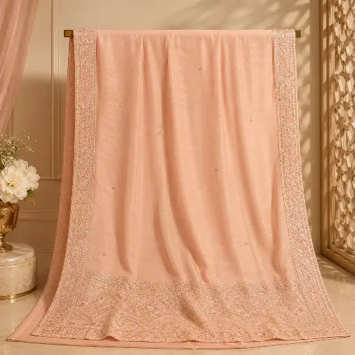 [90517001FW44E1] Blush Peach Dupatta with Silver Embroidered Floral Border