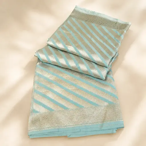 [90517001FX59E2] Aqua Blue Gold Banarasi Style Saree with Diagonal Zari Stripes