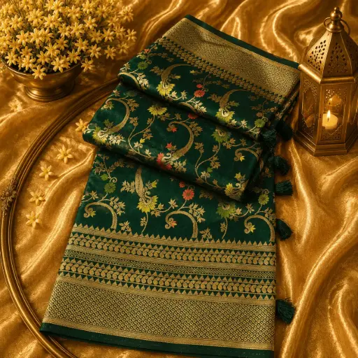 [05609001FX49E1] Elegant Green Banarasi Silk Saree with Golden Floral Weave & Tassel Pallu