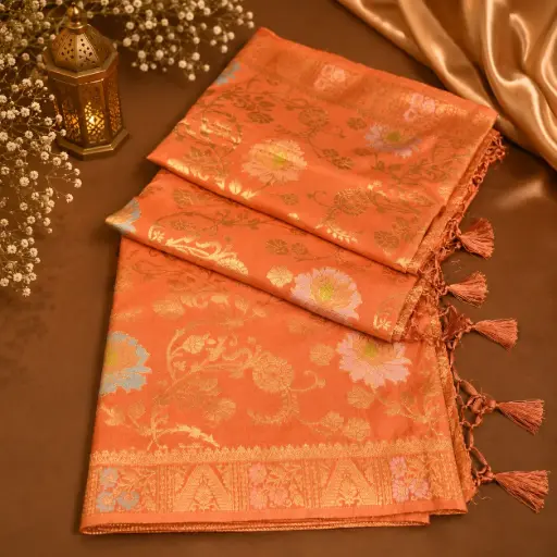 [05609001GY83D4] Peach Kanjivaram Banarasi Silk Saree with Gold Zari Floral Weaving & Elegant Tassel Pallu