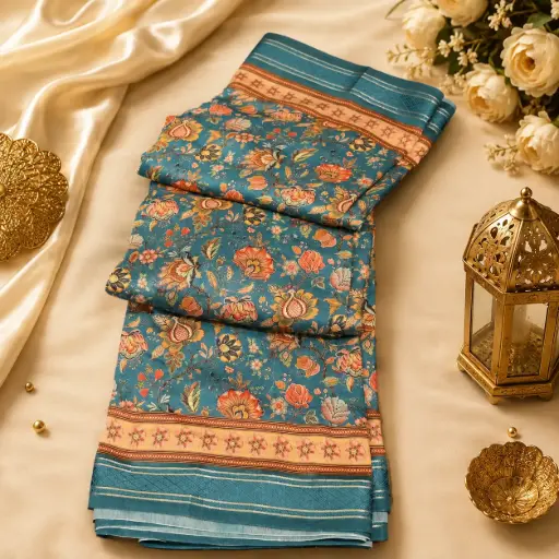 [74717001FP38E0] Teal Blue Floral Printed Silk Blend Saree with Elegant Border