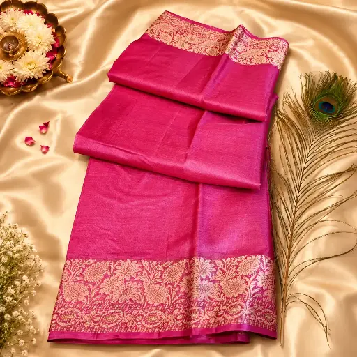 [93009001FY15E2] Elegant Hot Pink Soft Silk Saree with Gold Floral Zari Border
