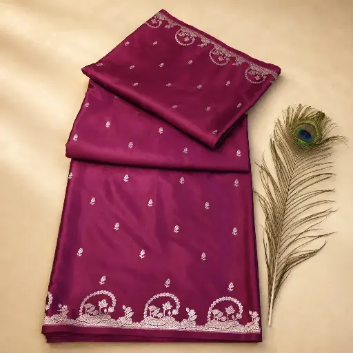 [94909013EK35E5] Wine Purple Silk Saree with Silver Buti Work, Floral Border & Peacock Feather Styling