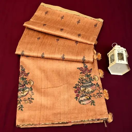 [49609001GV87D3] Peach Copper Silk Blend Saree with Floral Pot Embroidery, Black Buti & Tassel Pallu