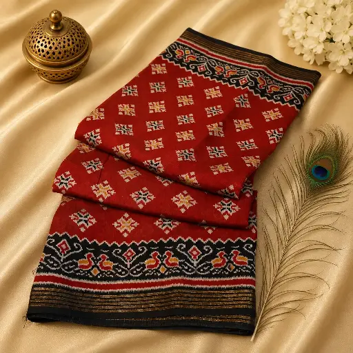 [49609001GV90D3] Red Traditional Cotton Silk Saree with Black Woven Border