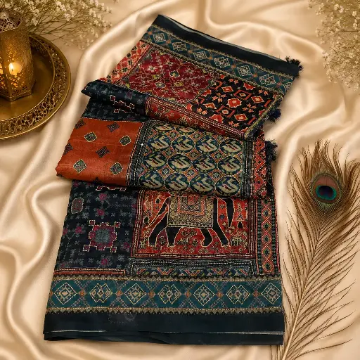 [49609001IL50E4] Elegant Multicolor Tribal Print Saree with Heritage Elephant Motif
