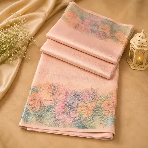 [54709001FT57E1] Elegant Pastel Peach Silk Saree with Soft Floral Print Border and Smooth Shimmer Finish