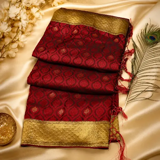 [00617011KF93B6] Women's Maroon Jacquard Silk Blend Saree with Golden Border