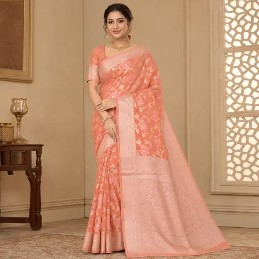[00617012HA17B6] Peach Coral Floral Woven Saree for Women with Silver Zari Border 