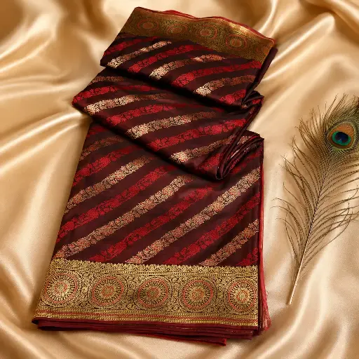 [00617012KF92B6] Maroon Red Silk Saree with Gold Zari Stripes & Medallion Border