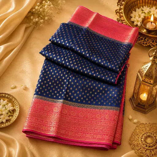[37709001EP57E8] Elegant Navy Blue Banarasi Silk Saree with Gold Zari Butis & Pink Contrast Border
