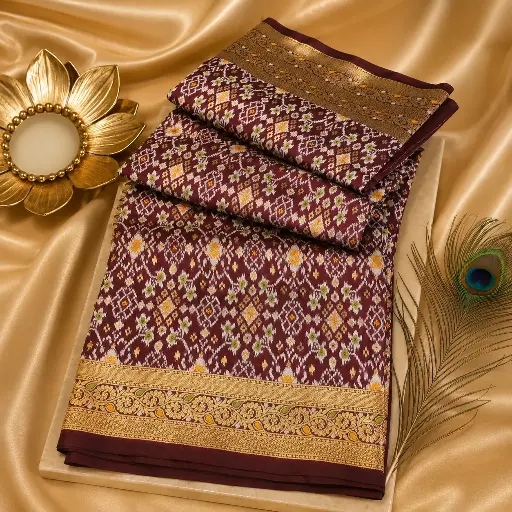 [07017001HD39C2] Elegant Maroon Patola Silk Saree with Traditional Multicolor Ikat Weaving & Golden Border