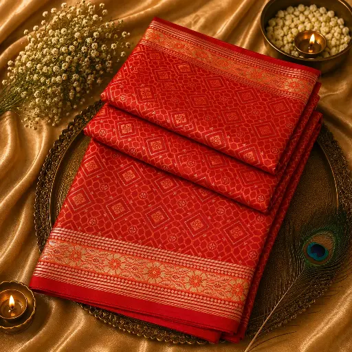 [90309001FB29D4] Red Banarasi Silk Saree with Geometric Zari Weaving & Floral Border